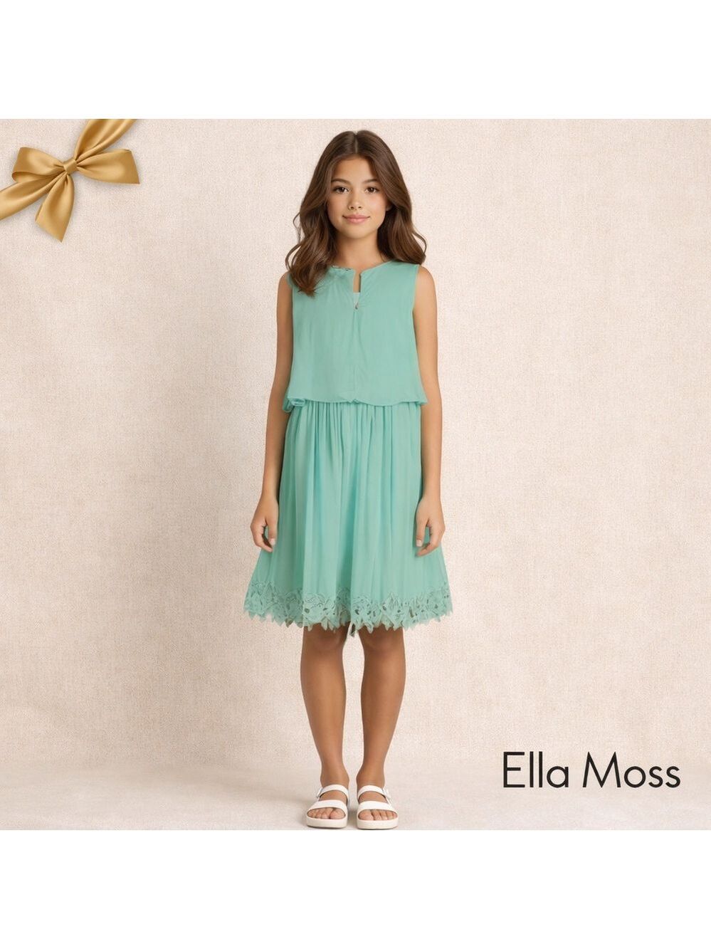 Ella Moss Dress, Aqua Blue Lined Floral Brocade Trim Back Keyhole Button